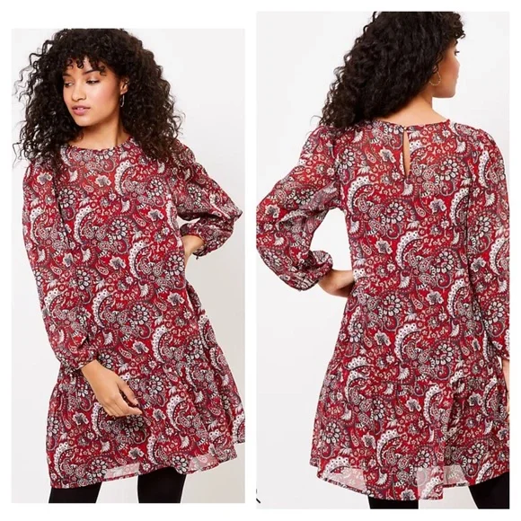 LOFT | Dresses | Loft Petites Nwt Burgundy Red Shimmer Paisley Flounce Dress  Size Medium Petite | Poshmark